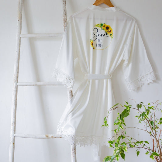 Sunflower Wedding Satin Bridesmaid Robes | Personalised Bridal Robe with Optional Slippers