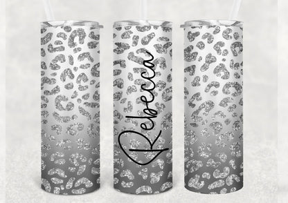 Leopard print tumbler, pink/silver cheetah print travel mug, reusable coffee tumbler, stainless steel, insulated tumbler