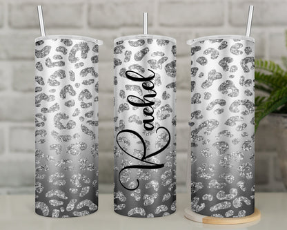 Leopard print tumbler, pink/silver cheetah print travel mug, reusable coffee tumbler, stainless steel, insulated tumbler