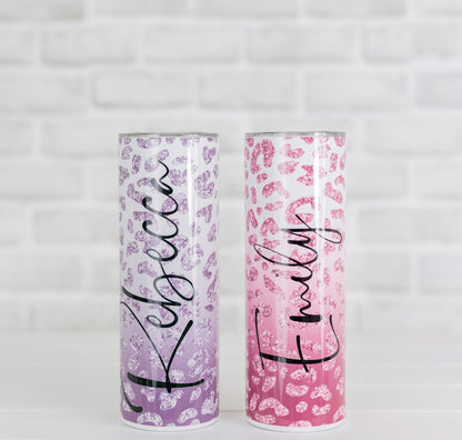 Leopard print tumbler, pink/silver cheetah print travel mug, reusable coffee tumbler, stainless steel, insulated tumbler