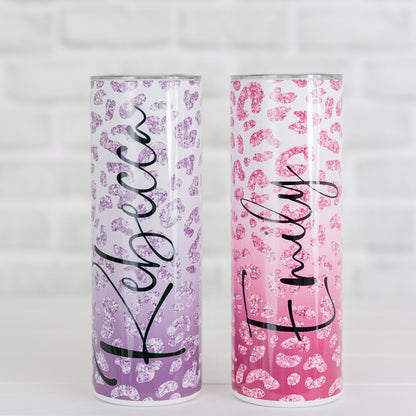 Leopard print tumbler, pink/silver cheetah print travel mug, reusable coffee tumbler, stainless steel, insulated tumbler