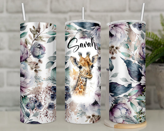 Giraffe travel mug, giraffe, flower tumbler with straw, personalised mauve, purple, green, flowery travel mug, stainless steel