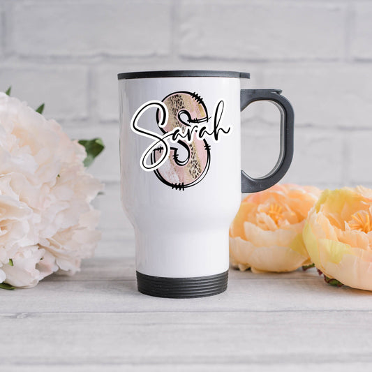 Personalised Travel Mug with Handle with Initial and Name