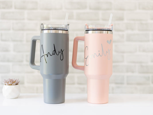 Personalised Large Travel Mug with Handle | 40oz Stanley Style Tumbler with Lid and Straw