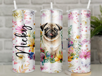 Personalised Insulated Pug Tumbler – Black or Fawn Dog – Stainless Steel Travel Mug for Hot & Cold Drinks
