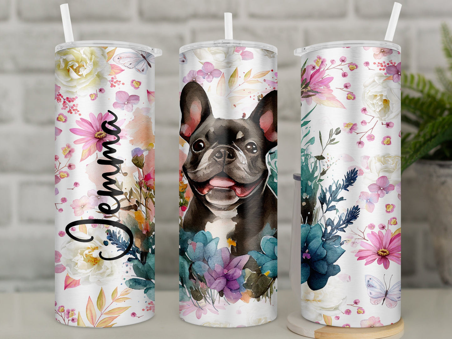 Personalised French Bulldog Travel Mug l Insulated Frenchie Tumbler with Straw