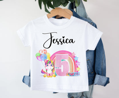 Girl's Unicorn Birthday Personalised T Shirt with Age and Name