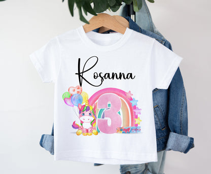 Girl's Unicorn Birthday Personalised T Shirt with Age and Name