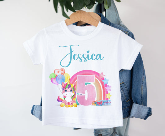 Girl's Unicorn Birthday Personalised T Shirt with Age and Name