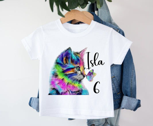 Personalised Kid's Rainbow Cat/Kitten T Shirt | Birthday Top