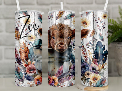Personalised Baby Cow Travel Mug l Insulated Highland Cow Tumbler with Straw