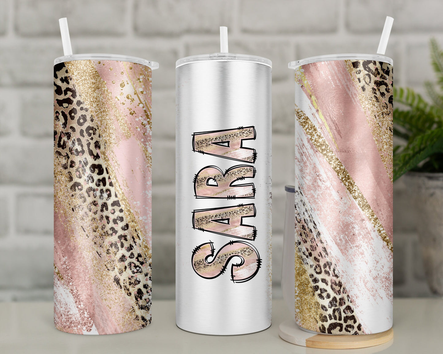 Personalised Leopard Print Travel Mug | Pink and Gold Cheetah Print Insulated Tumbler