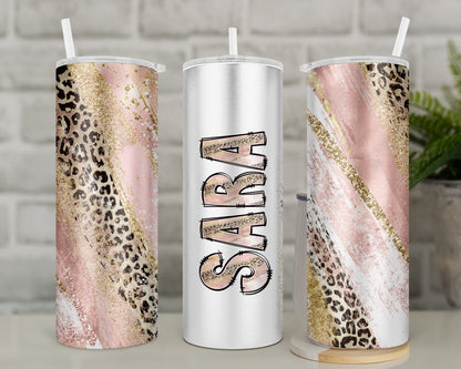 Personalised Leopard Print Travel Mug | Pink and Gold Cheetah Print Insulated Tumbler