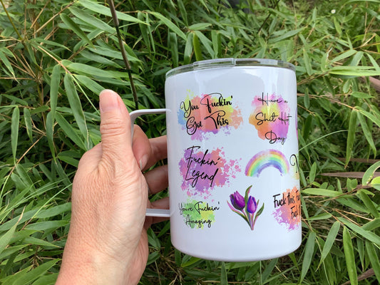 Funny Affirmations Insulated Travel Mug with Handle | Swear Word Positivity Gift
