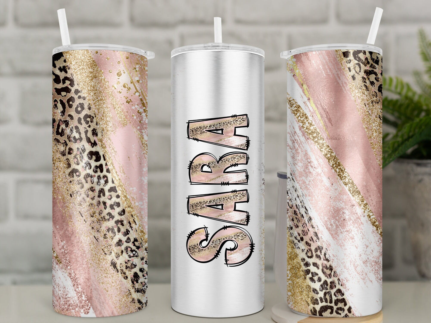 Personalised Leopard Print Travel Mug | Pink and Gold Cheetah Print Insulated Tumbler