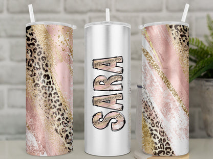 Personalised Leopard Print Travel Mug | Pink and Gold Cheetah Print Insulated Tumbler