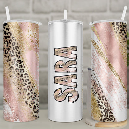 Personalised Leopard Print Travel Mug | Pink and Gold Cheetah Print Insulated Tumbler