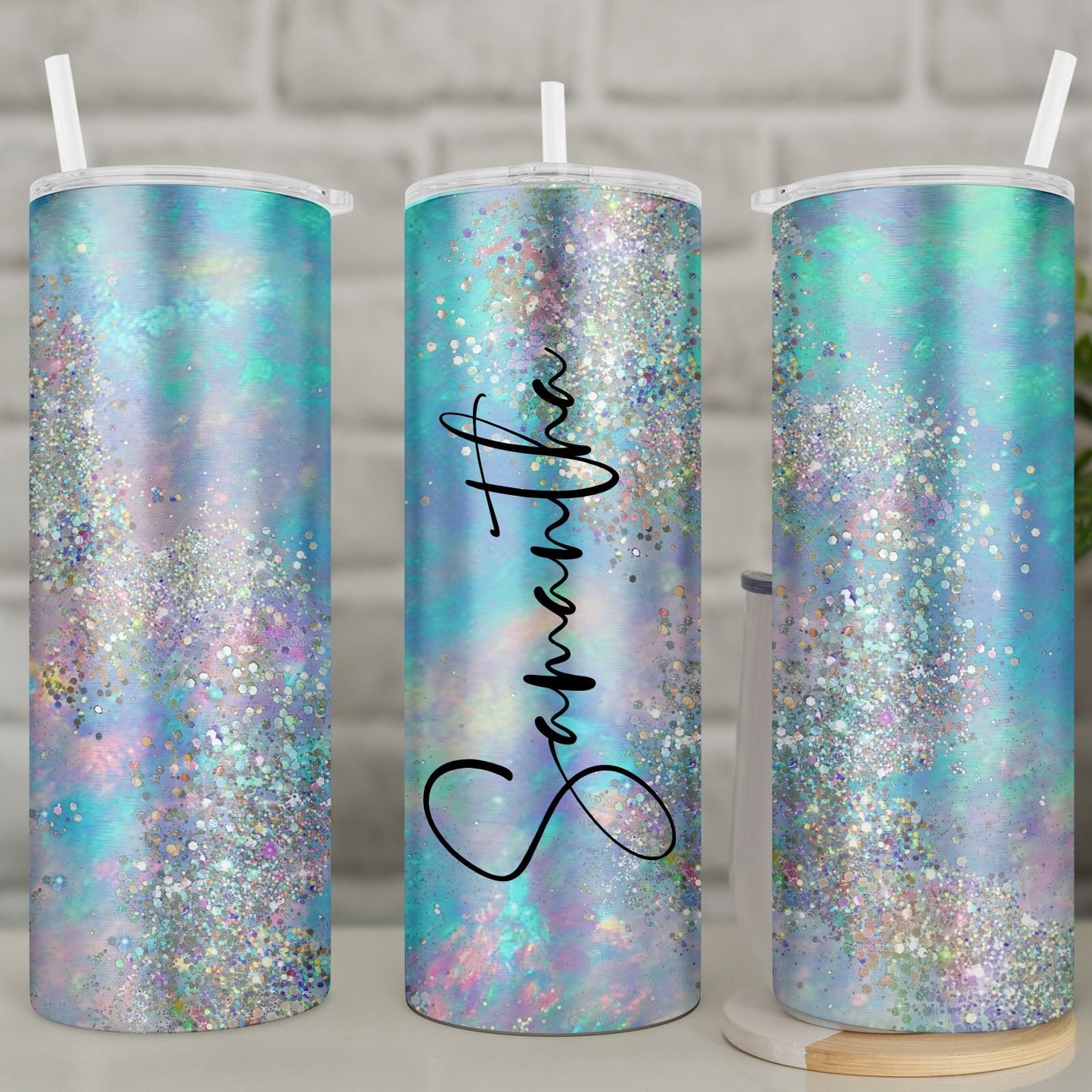 Travel mug, personalised tumbler with straw, opal glitter, aqua, lilac, pink and silver, stainless steel, reusable tumbler