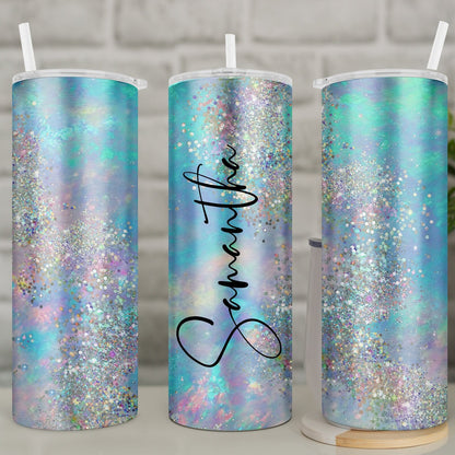 Travel mug, personalised tumbler with straw, opal glitter, aqua, lilac, pink and silver, stainless steel, reusable tumbler