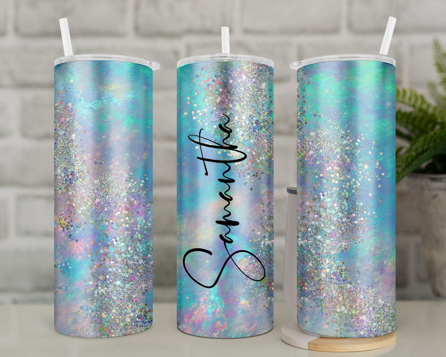 Travel mug, personalised tumbler with straw, opal glitter, aqua, lilac, pink and silver, stainless steel, reusable tumbler
