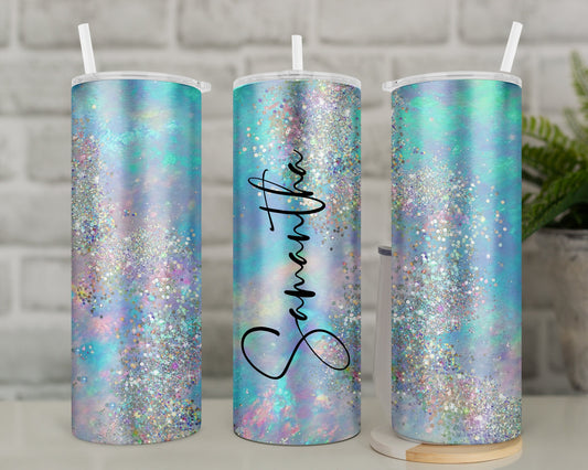 Travel mug, personalised tumbler with straw, opal glitter, aqua, lilac, pink and silver, stainless steel, reusable tumbler