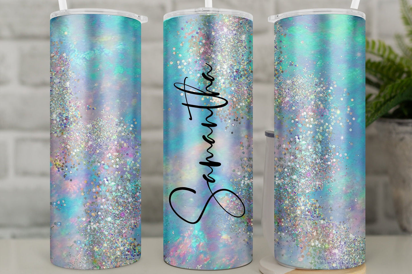 Travel mug, personalised tumbler with straw, opal glitter, aqua, lilac, pink and silver, stainless steel, reusable tumbler